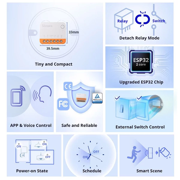 SONOFF MINI R4 Extreme WiFi okos kapcsoló, külső vezérlés, okos otthon, Alexa & Google Home kompatibilis
