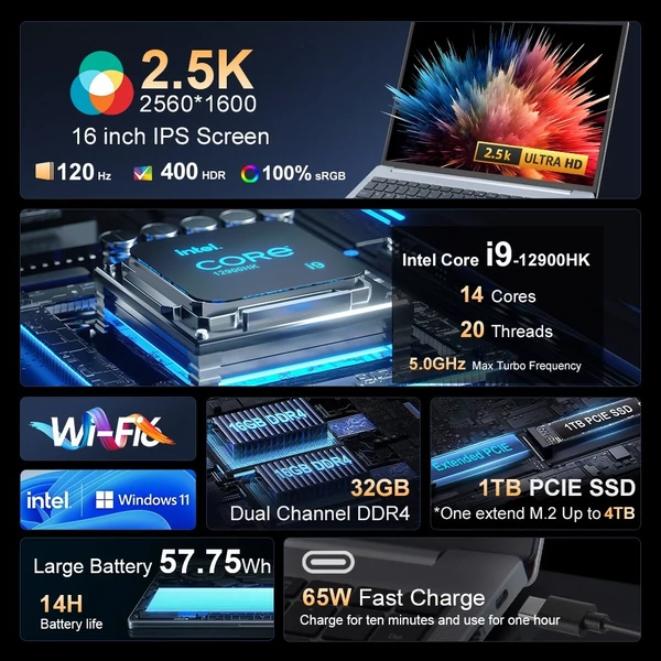 Ninkear N16 Pro laptop, 16" 2.5K IPS, i9-12900HK, 32GB RAM, 1TB SSD, 120Hz, WiFi 6, háttérvilágítás, HDMI, Type-C