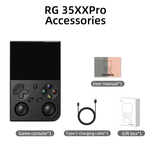 ANBERNIC RG35XX Pro játékkonzol, 64GB TF kártya, 3,5” IPS kijelző, 30+ emulátor, multimédia, 7 óra játékidő, két joystick – Fekete