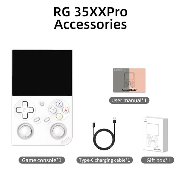 ANBERNIC RG35XX Pro játékkonzol, 64GB + 256GB TF kártya, 3,5” IPS kijelző, 30+ emulátor, multimédia, 7 óra játékidő, két joystick – Fehér