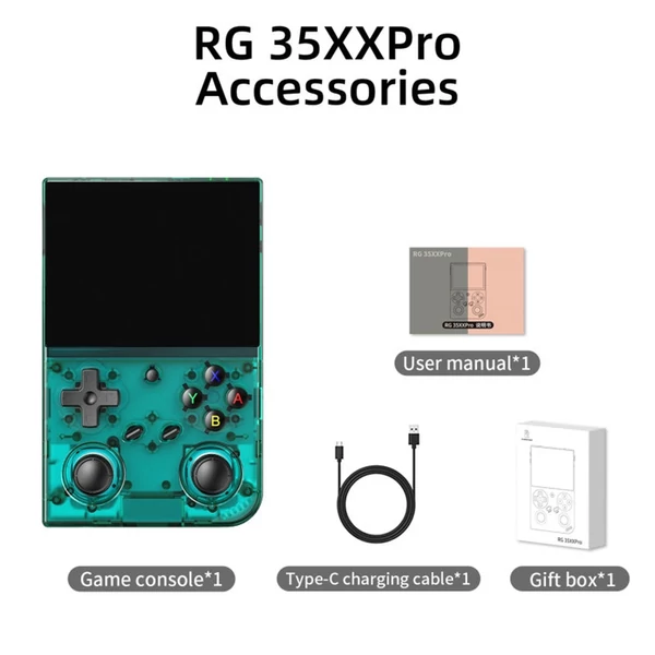 ANBERNIC RG35XX Pro játékkonzol, 64GB TF kártya, 3,5” IPS kijelző, 30+ emulátor, multimédia, 7 óra játékidő, két joystick – Átlátszó, játék nélkül