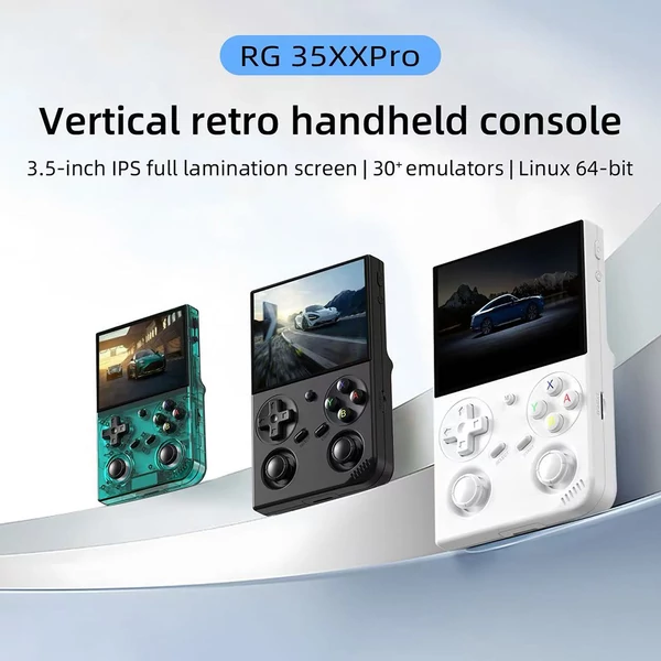 ANBERNIC RG35XX Pro játékkonzol, 64GB TF kártya, 3,5” IPS kijelző, 30+ emulátor, multimédia, 7 óra játékidő, két joystick – Átlátszó
