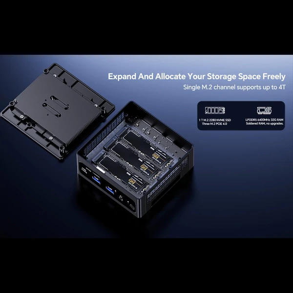 AOOSTAR GEM10 Mini PC, AMD Ryzen 7 6800H, 8 mag, 4.7GHz, 32GB LPDDR5, 1TB PCIe 4.0 SSD, 2×HDMI 2.1, USB4, WiFi 6, BT 5.2, 2×2.5G LAN, Oculink