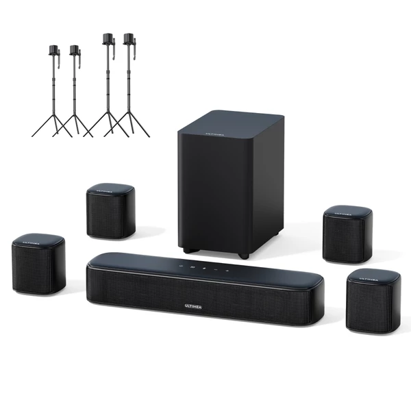 Ultimea Aura A40 7.1 soundbar + 2 Steady 310 hangszóróállvány, app vezérlés, 10 sávos EQ, BT 5.3, 330W
