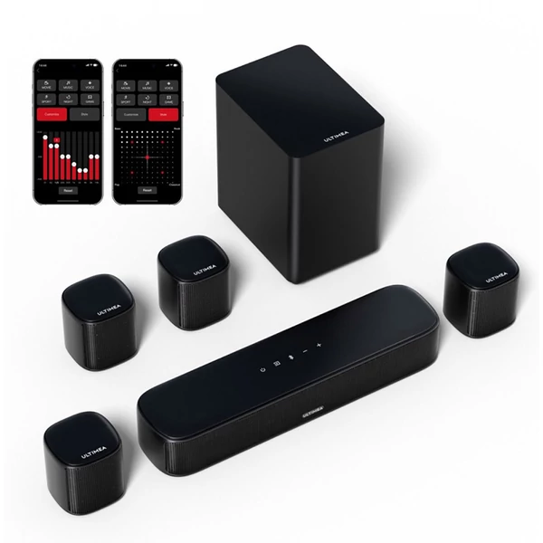 Ultimea Aura A40 7.1 soundbar + 2 Steady 310 hangszóróállvány, app vezérlés, 10 sávos EQ, BT 5.3, 330W