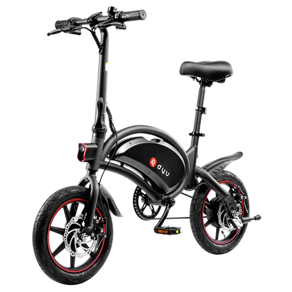 DYU D3F összecsukható elektromos kerékpár, 14" felfújható gumi, 240W, 10Ah, 25km/h, 45km hatótáv, tárcsafék, állítható magasság - fekete