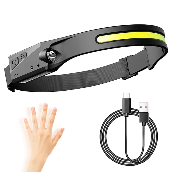 COB LED fejlámpa szenzorral, beépített akkumulátorral, USB-s tölthető, 5 világítási mód