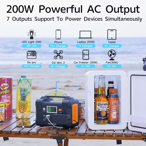 FlashFish E200 200W hordozható erőmű, 151Wh lítium akkumulátor, 1x tiszta szinuszhullámú AC220V kimenet lakóautóhoz, kempinghez, furgonhoz