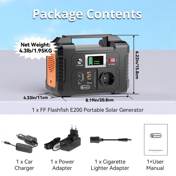 FlashFish E200 200W hordozható erőmű, 151Wh lítium akkumulátor, 1x tiszta szinuszhullámú AC220V kimenet lakóautóhoz, kempinghez, furgonhoz
