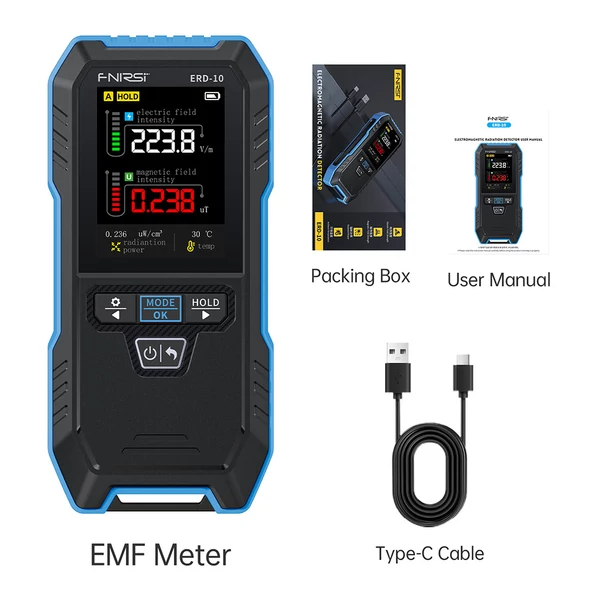 FNIRSI ERD-10 EMF mérő, 4 az 1-ben elektromágneses mező detektor görbe móddal, RF és sugárzás teszter otthonra, irodába, szellemvadászathoz