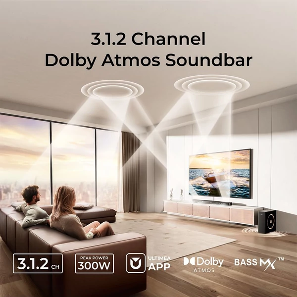 Ultimea Skywave F30 3.1.2 Soundbar, Dolby Atmos, Alkalmazásvezérlés, 300W csúcsteljesítmény, CEC, Bluetooth 5.4, 10 sávos EQ, 121 EQ beállítás