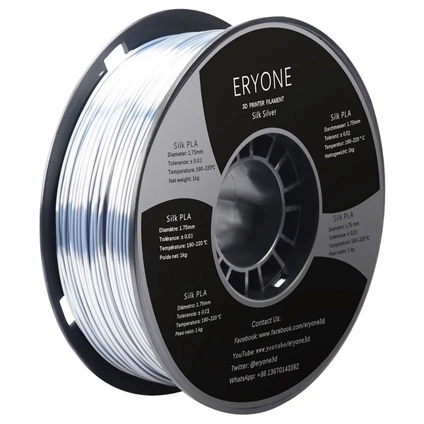 ERYONE Selyem PLA 3D nyomtató filament, 1.75mm, 1kg, ±0.03mm pontosság - ezüst
