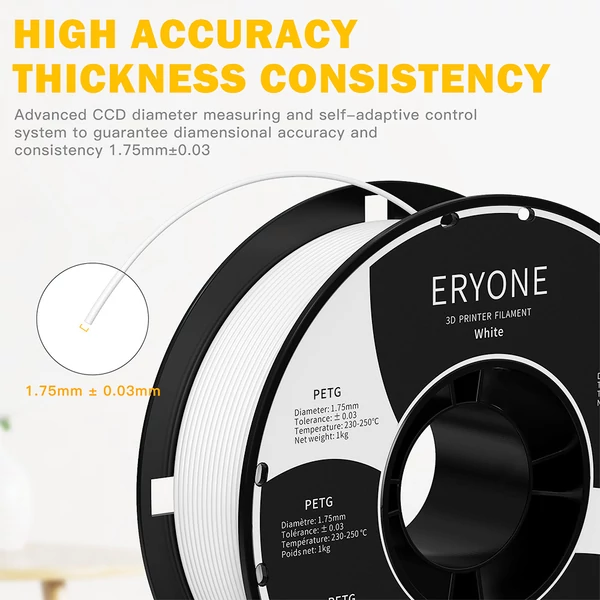 ERYONE PETG 3D nyomtató filament 1,75mm, 1kg, ±0,03mm pontosság - fehér
