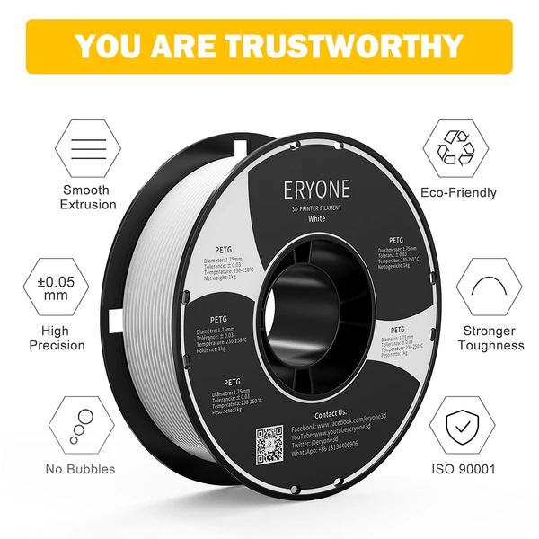 ERYONE PETG 3D nyomtató filament 1,75mm, 1kg, ±0,03mm pontosság - fehér