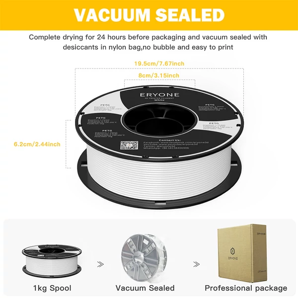 ERYONE PETG 3D nyomtató filament 1,75mm, 1kg, ±0,03mm pontosság - fehér