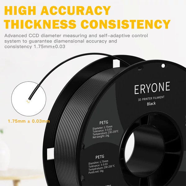 ERYONE PETG 3D nyomtató filament 1.75mm, 1kg, ±0.03mm pontosság - fekete