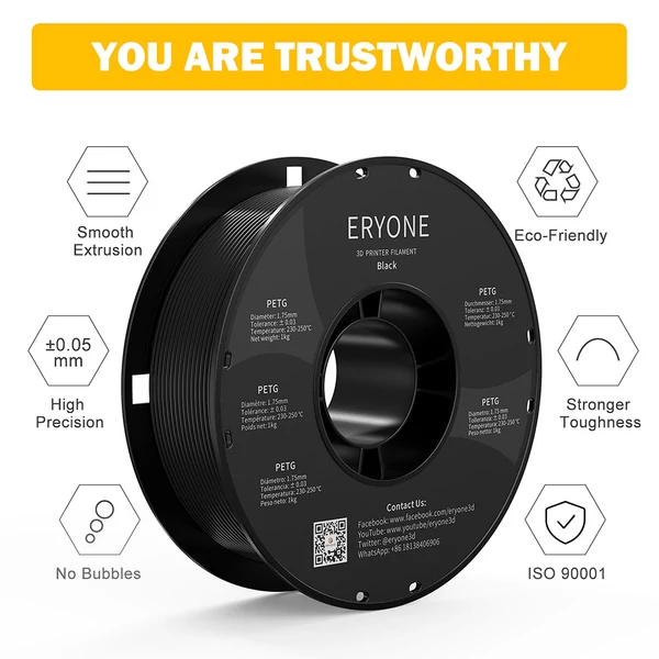 ERYONE PETG 3D nyomtató filament 1.75mm, 1kg, ±0.03mm pontosság - fekete