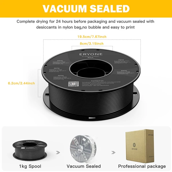 ERYONE PETG 3D nyomtató filament 1.75mm, 1kg, ±0.03mm pontosság - fekete