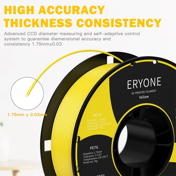 ERYONE PETG 3D nyomtató filament 1,75mm, 1kg, ±0,03mm pontosság - sárga