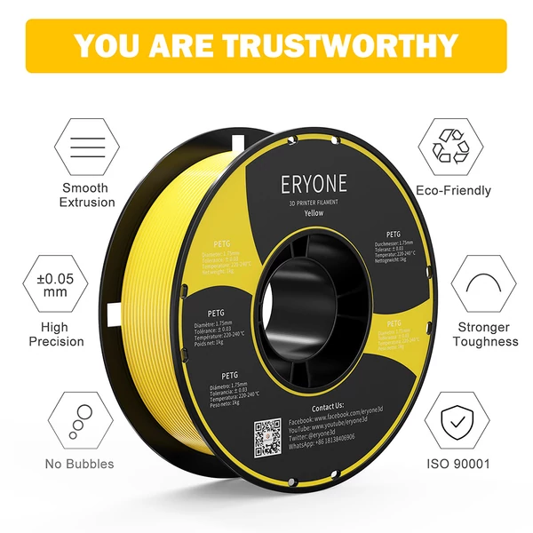 ERYONE PETG 3D nyomtató filament 1,75mm, 1kg, ±0,03mm pontosság - sárga
