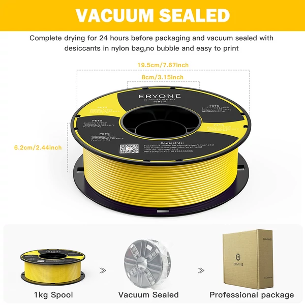 ERYONE PETG 3D nyomtató filament 1,75mm, 1kg, ±0,03mm pontosság - sárga