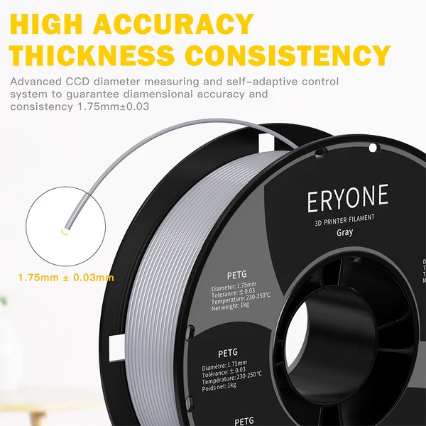 ERYONE PETG 3D nyomtató filament 1.75mm, 1kg, ±0.03mm pontosság - Szürke