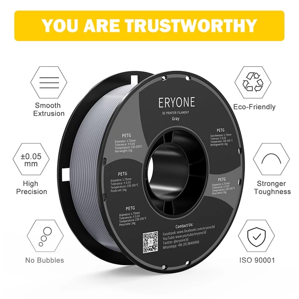 ERYONE PETG 3D nyomtató filament 1.75mm, 1kg, ±0.03mm pontosság - Szürke