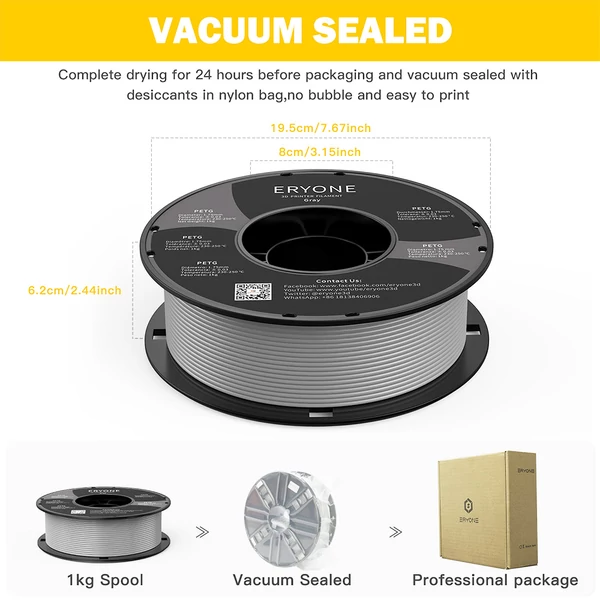 ERYONE PETG 3D nyomtató filament 1.75mm, 1kg, ±0.03mm pontosság - Szürke