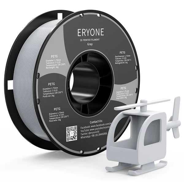 ERYONE PETG 3D nyomtató filament 1.75mm, 1kg, ±0.03mm pontosság - Szürke