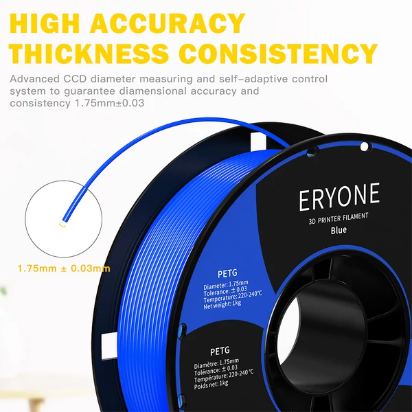 ERYONE PETG 3D nyomtató filament 1,75mm, 1kg, ±0,03mm pontosság, kiváló minőség - kék