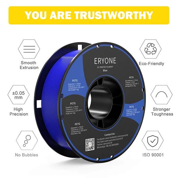 ERYONE PETG 3D nyomtató filament 1,75mm, 1kg, ±0,03mm pontosság, kiváló minőség - kék