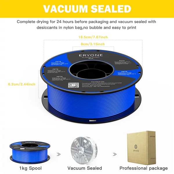 ERYONE PETG 3D nyomtató filament 1,75mm, 1kg, ±0,03mm pontosság, kiváló minőség - kék