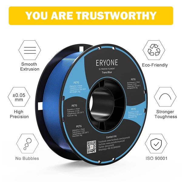 ERYONE PETG 3D nyomtató filament 1kg - Átlátszó kék