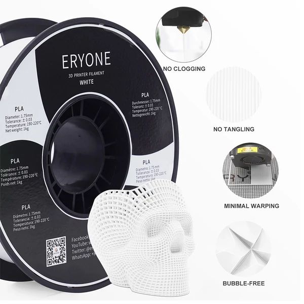 ERYONE PLA 3D nyomtató filament 1,75mm, 1kg, ±0,03mm pontosság - fehér