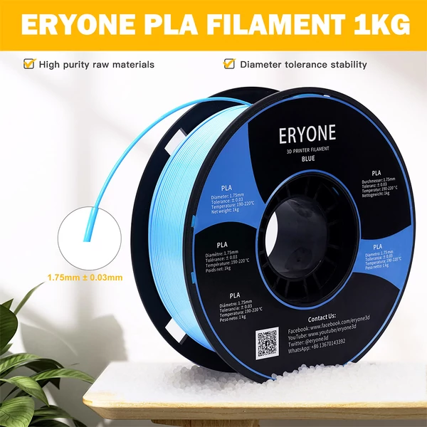 ERYONE PLA filament 1,75mm 3D nyomtatóhoz, 1kg, ±0,03mm pontosság - kék