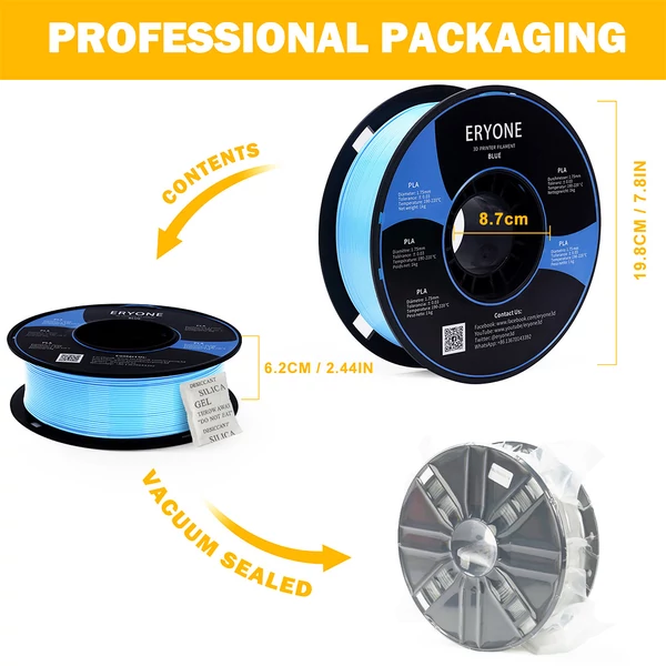 ERYONE PLA filament 1,75mm 3D nyomtatóhoz, 1kg, ±0,03mm pontosság - kék