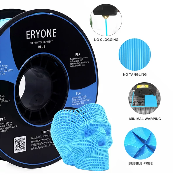 ERYONE PLA filament 1,75mm 3D nyomtatóhoz, 1kg, ±0,03mm pontosság - kék