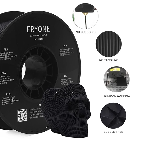 ERYONE PLA 3D nyomtató filament 1.75mm, ±0.03mm, 1kg tekercs – Jet Black - fekete