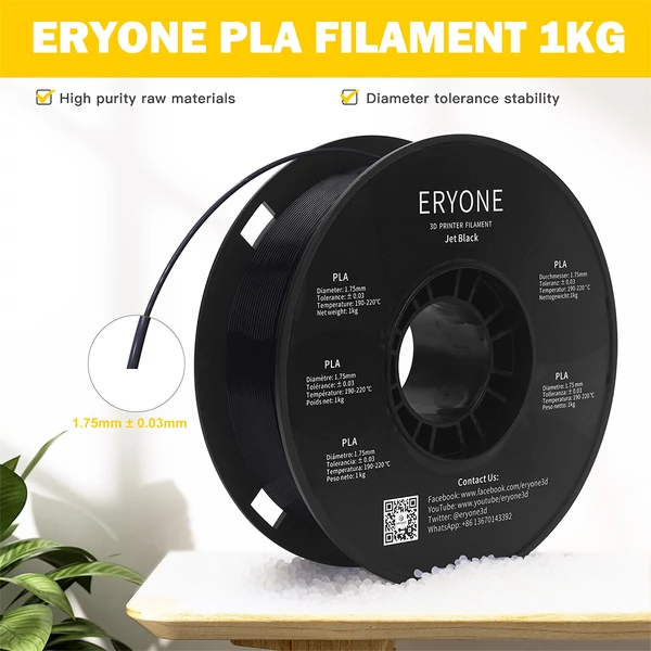 ERYONE PLA 3D nyomtató filament 1.75mm, ±0.03mm, 1kg tekercs – Jet Black - fekete