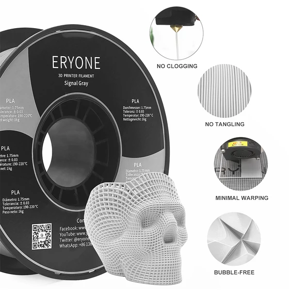 ERYONE PLA filament 3D nyomtatóhoz, 1.75mm, 1kg, ±0.03mm pontosság, kiváló minőség - szignálszürke