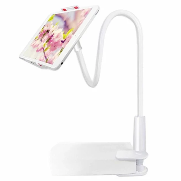 Állítható, 360°-os hattyúnyak telefon/tablet tartó ágyhoz, 80 cm, fehér – rugalmas, csíptetős állvány