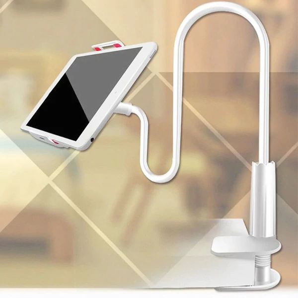Állítható, 360°-os hattyúnyak telefon/tablet tartó ágyhoz, 80 cm, fehér – rugalmas, csíptetős állvány
