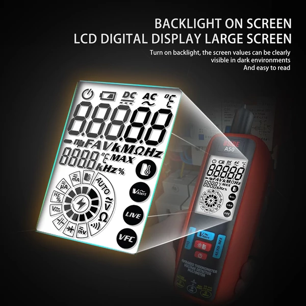 BSIDE A50 digitális multiméter, 6000 számlálás, teszt toll, szivárgásmérő, feszültség/áram/kapacitás/ellenállás mérő