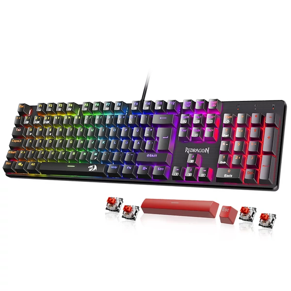 Redragon K671-DE 105 gombos mechanikus billentyűzet, numerikus résszel, szivárvány háttérvilágítás, piros kapcsoló, DE kiosztás - Fekete