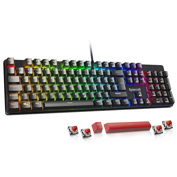 Redragon K671-DE 105 gombos mechanikus billentyűzet, numerikus résszel, szivárvány háttérvilágítás, piros kapcsoló, DE kiosztás - Fekete