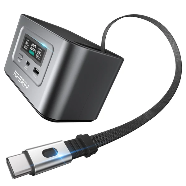 AFERIY Nano100 hordozható áramforrás, 100W 99,2Wh, teleszkópos Type-C kábel, repülőn kézipoggyász, 1,5h teljes töltés, 3000+ ciklus LiFePO4 akku