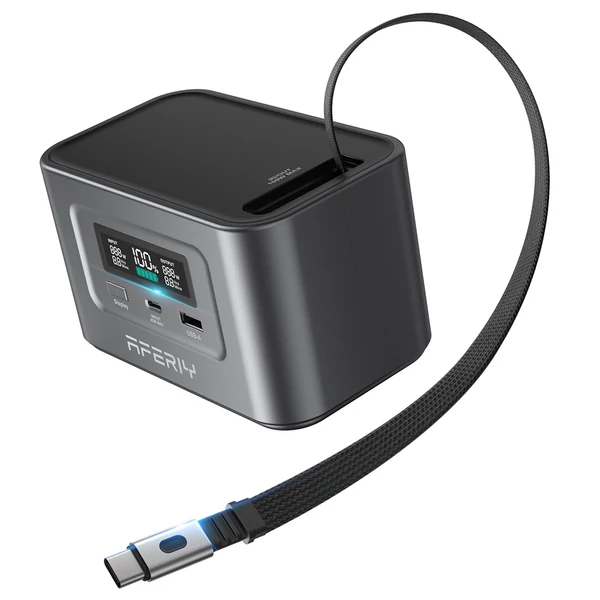 AFERIY Nano100 hordozható áramforrás, 100W 99,2Wh, teleszkópos Type-C kábel, repülőn kézipoggyász, 1,5h teljes töltés, 3000+ ciklus LiFePO4 akku