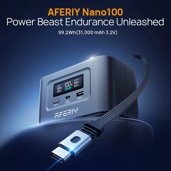 AFERIY Nano100 hordozható áramforrás, 100W 99,2Wh, teleszkópos Type-C kábel, repülőn kézipoggyász, 1,5h teljes töltés, 3000+ ciklus LiFePO4 akku