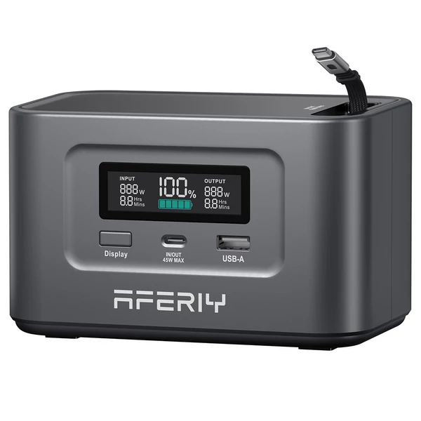 AFERIY Nano100 hordozható áramforrás, 100W 99,2Wh, teleszkópos Type-C kábel, repülőn kézipoggyász, 1,5h teljes töltés, 3000+ ciklus LiFePO4 akku