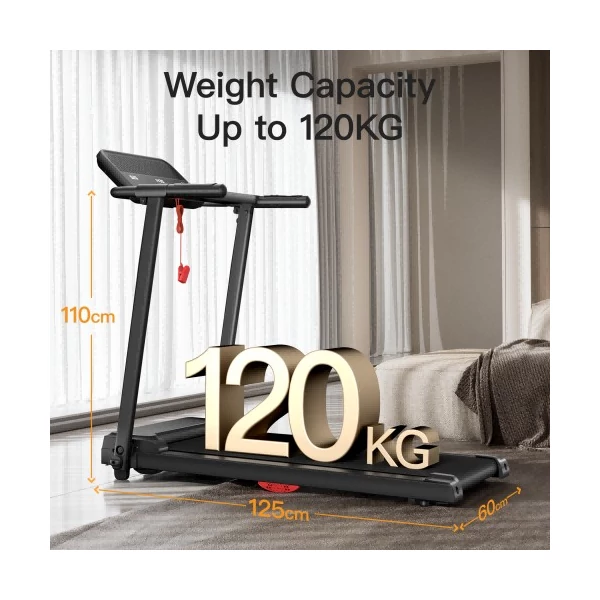 ROBORE P16 összecsukható futópad, 2,5 LE kefe nélküli motor, pulzusmérő, dupla párnázás, 120 kg, pohár- és telefontartó